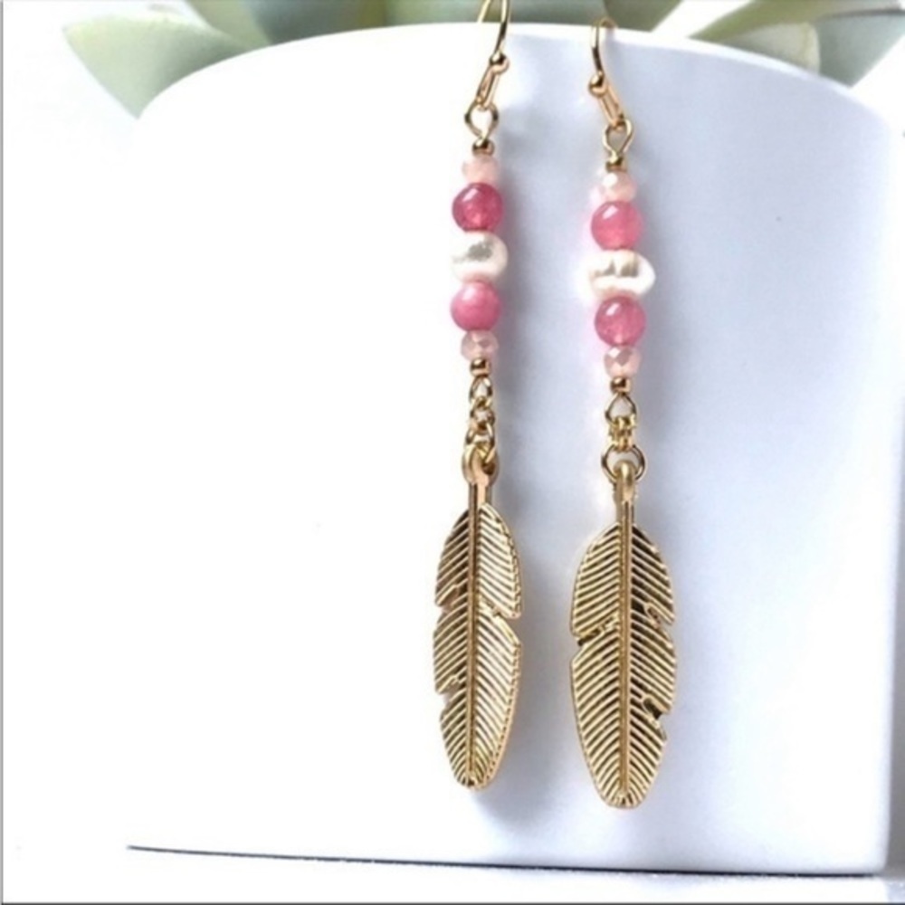 Fresh Water Pearl Glass Bead Feather Gold Dangle Boho Earrings